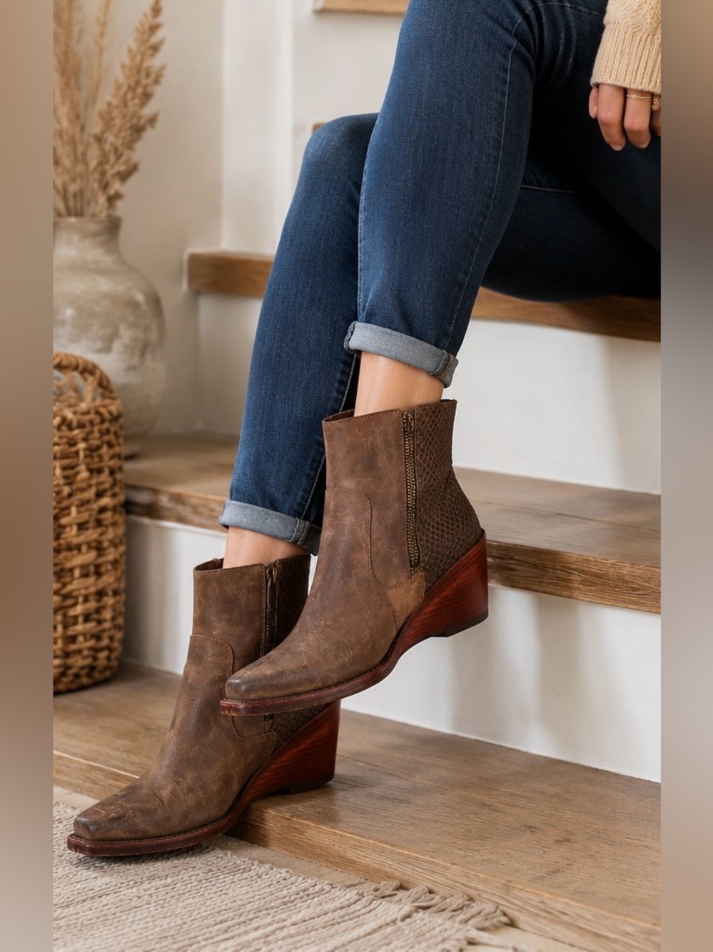 Johnny Ringo- Brown Leather Cowgirl Western Booties with Side Zippers, Size 7.5
